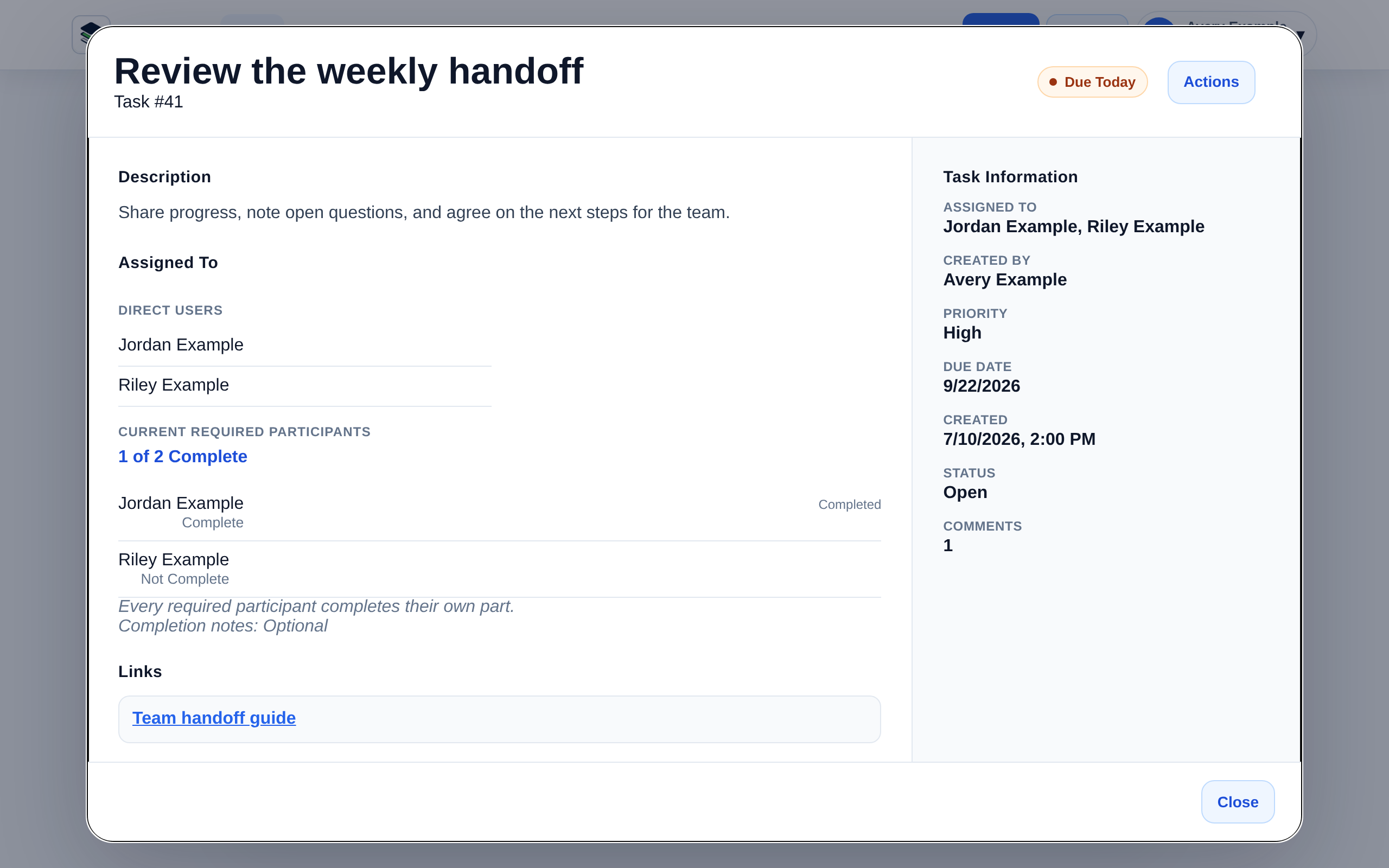 A fictional shared task using All Assignees completion, with participant progress and task context.