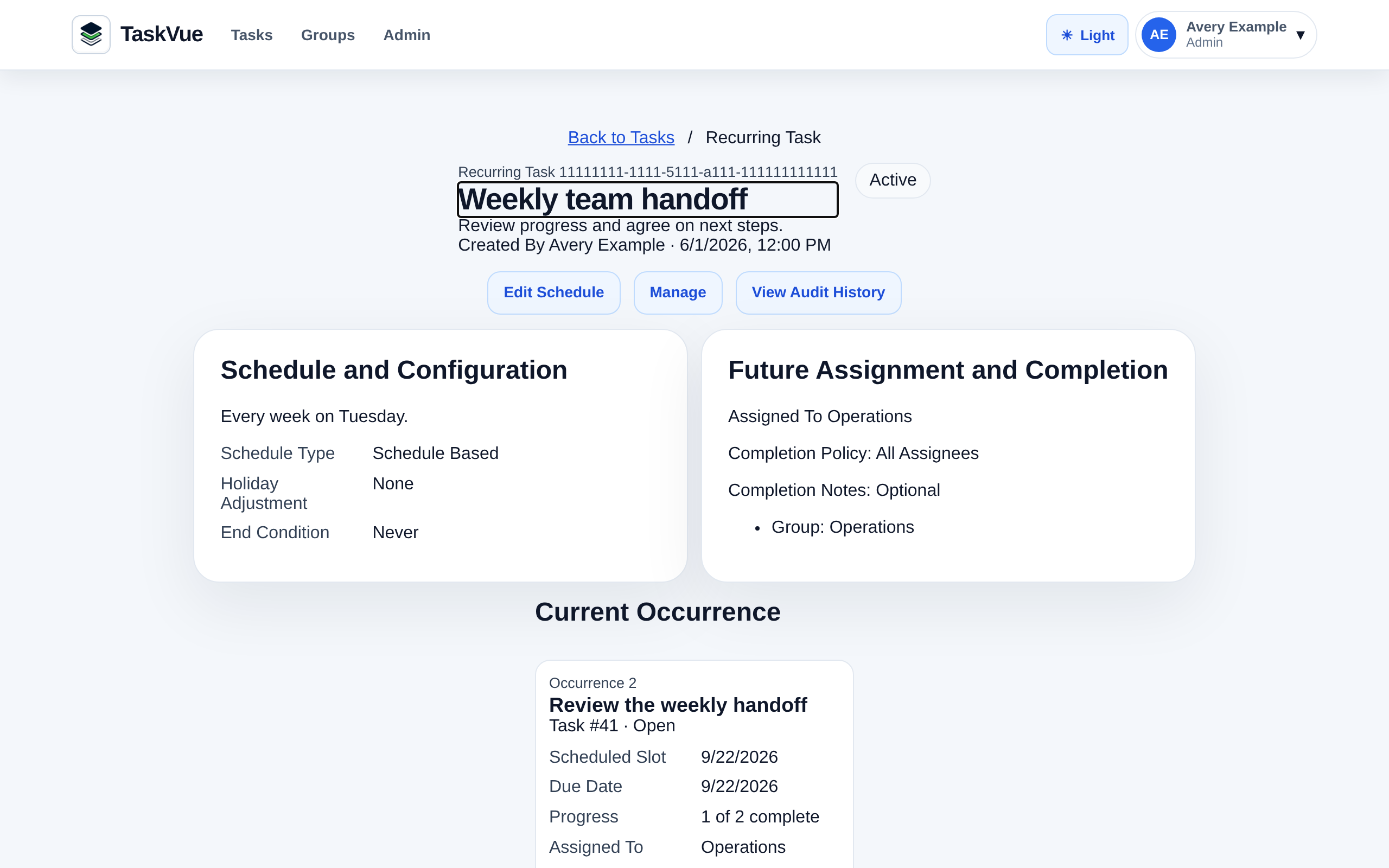 A fictional recurring responsibility and its individual occurrence history in TaskVue.