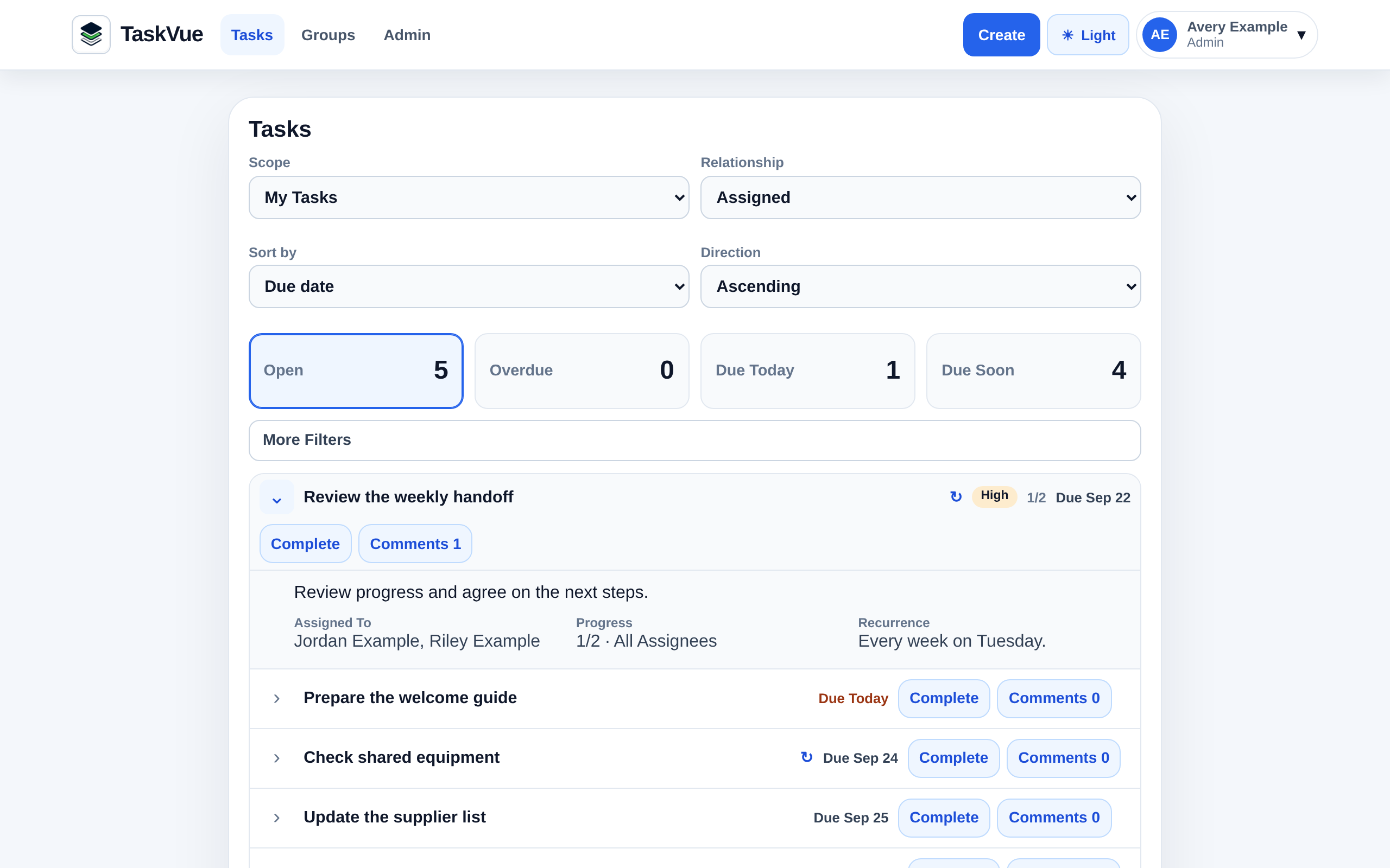 TaskVue task list with fictional one-time and recurring work, assigned participants, due dates, and statuses.